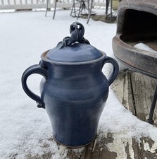 Vintage Large 10.5 In Signed 2003 Studio Pottery Lidded Jar Pot Blue Glazed