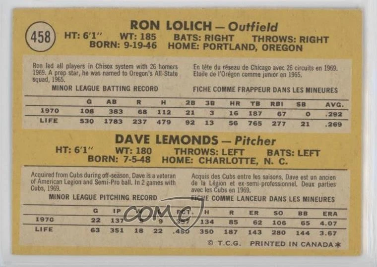 1971 O-Pee-Chee 1971 Rookie Stars Ron Lolich Dave Lemonds #458 Rookie RC - Image 2 of 2