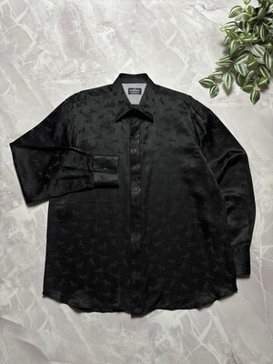 Gerlin 100% Silk Tonal Lion Jacquard Dress Shirt Made in Italy Black Mens Sz XL