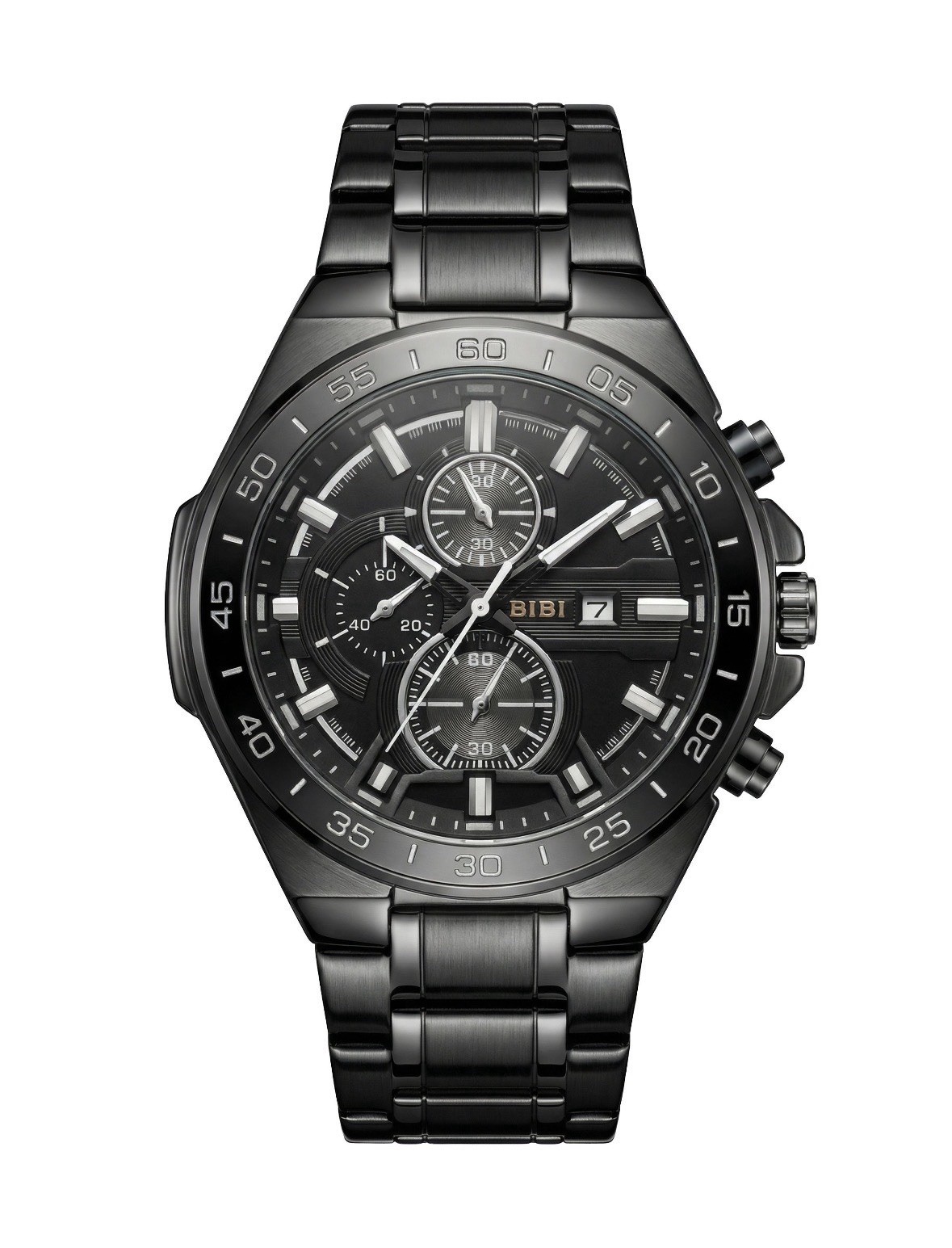 BIBI B0011 Men’s Luxury Quartz Watch - All Black Dial, Case & Link Band - NIB