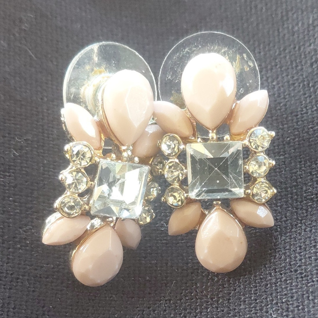 Gold Tone Pink & Clear Simulated Crystal Rhinestone Cluster Square Stud Earrings