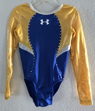 UNDER ARMOUR Blue Gold Foil Rhinestone Gymnastic Competition L/S Leotard Girls M