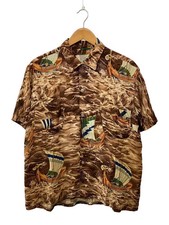 PENNEY'S Aloha Shirt, Size L, Rayon, Brown, All-Over Print