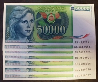 7 sequential YUGOSLAVIA 50000 DINARA 1988 notes UNC BB