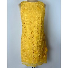 WHBM Yellow Lace Shift Dress 6 Small Floral Applique Dandelion 60s Mod Statement