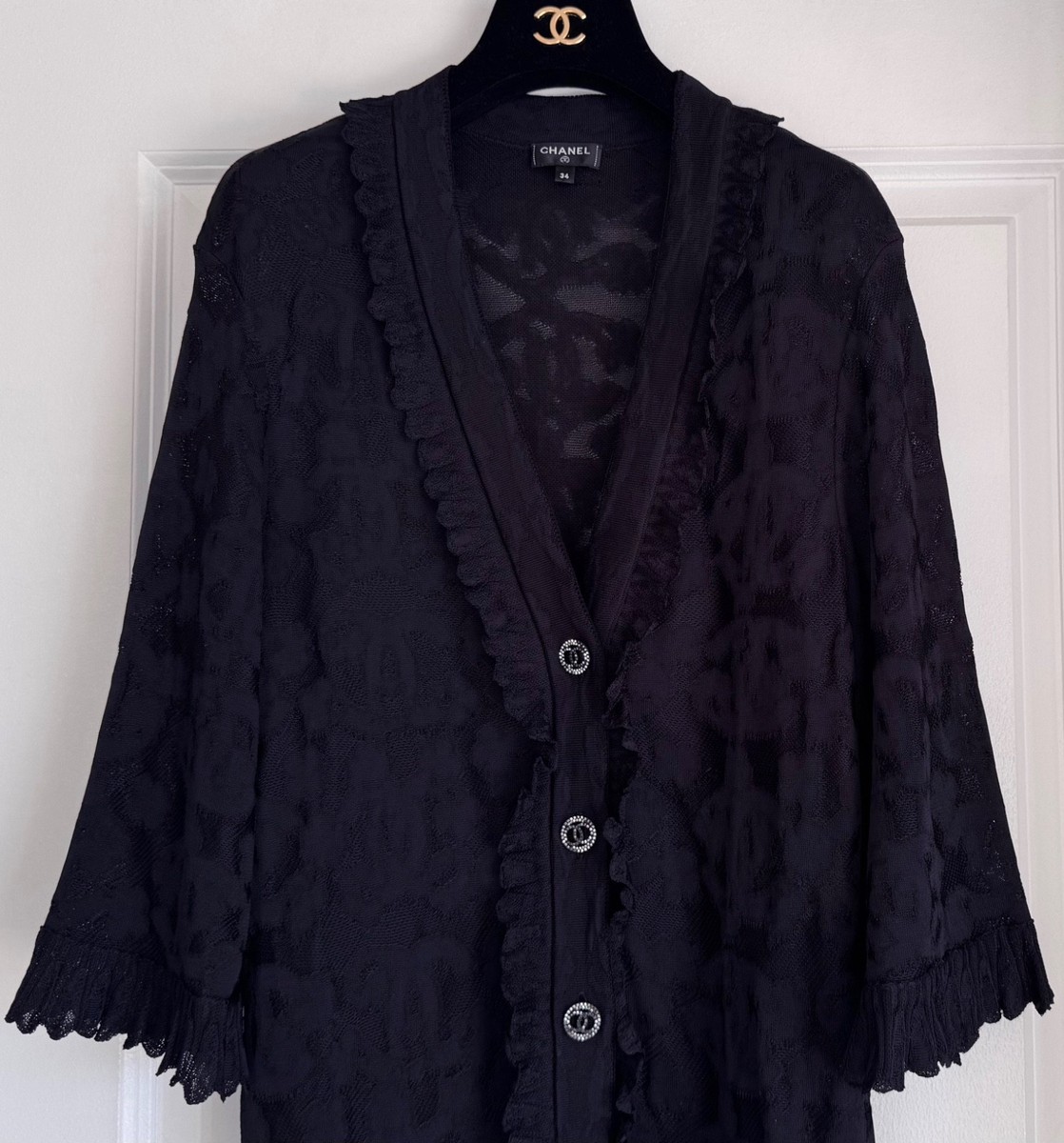 $4450 20P CHANEL BLACK CC LOGO ALL OVER VISCOSE CARDIGAN SWEATER