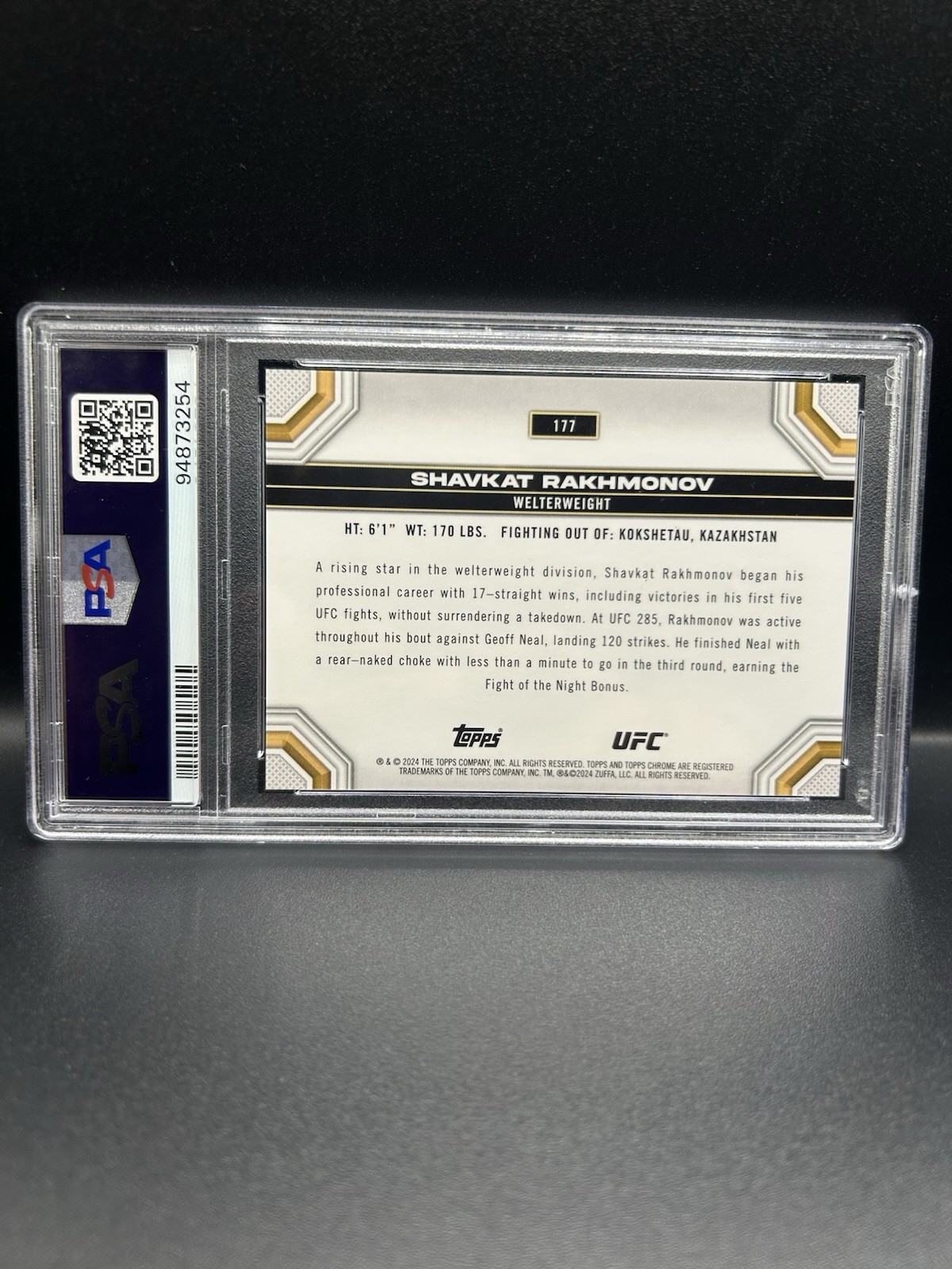 2024 Topps Chrome UFC Shavkat Rakhmonov Blue Wave /75 #177 PSA 10 view 3