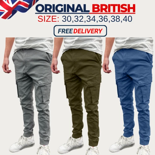 Mens Cargo Combat Trousers Chino Cotton Denim Jeans Casual Work Wear Pants 30-40