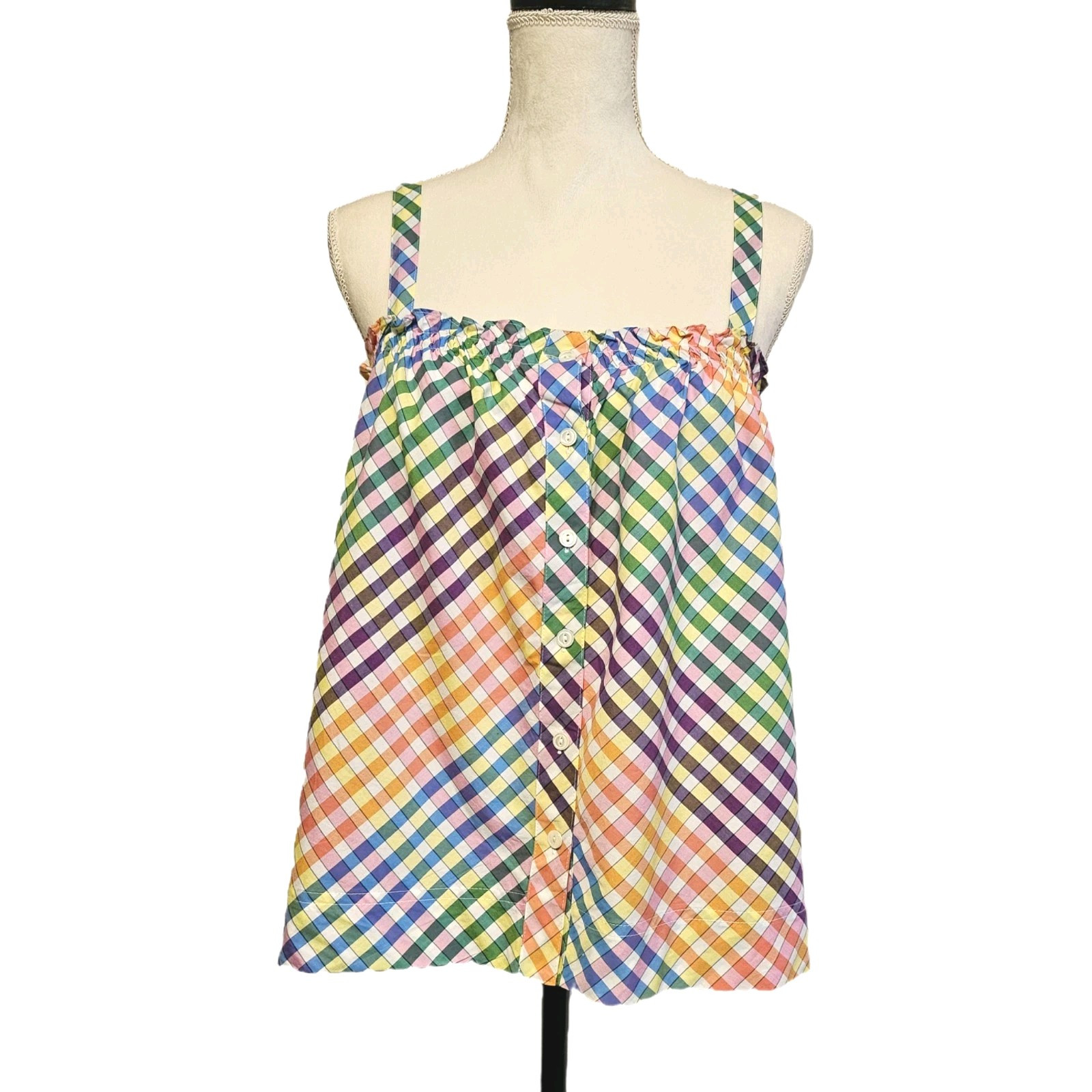 J. Crew Rainbow Gingham Button Front Ruffle Tank Top Size 8 Adjustable Straps