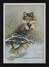 Wildlife art print on canvas of a wolf chasing a rabbit by artist, Lee Johnson