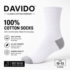Davido Men  s Crew Socks 100 Cotton Made In Italy White/Gray 10 pairs size 10-13
