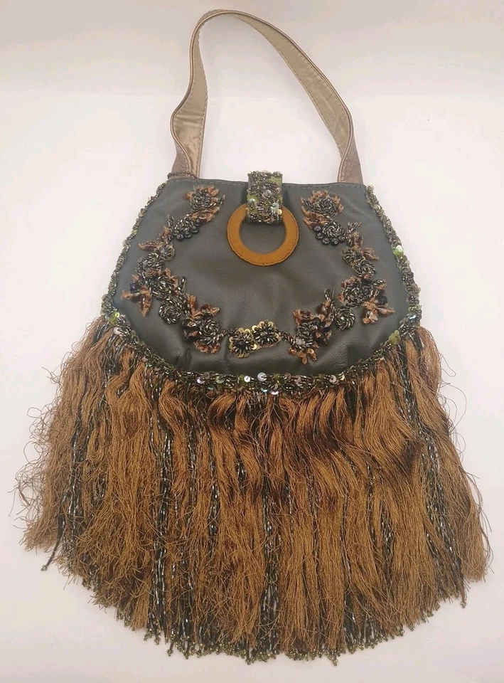 Hermoso Bolso de Mano Pequeño Mary Frances Verde Marrón Floral con Cuentas Flecos  Foto 4 de 4