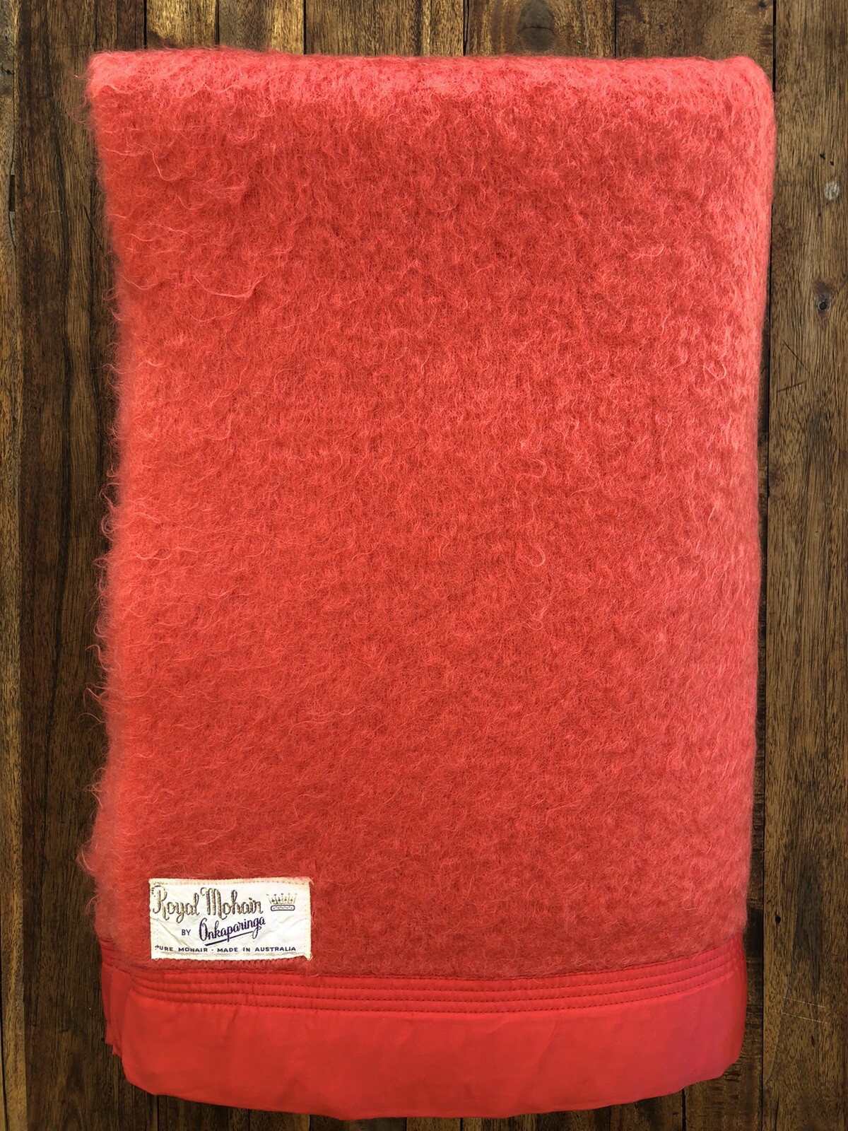 VINTAGE RED ONKAPARINGA ROYAL 100 MOHAIR LARGE BLANKET. 2.4 x 2.2 m