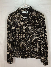 Chico's Design Womens Jacket Dark Brown Print Snaps Linen Tencel Blend Size 3