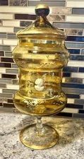 vtg. Tall Empoli Jar With Jewels And Came Amber Glass Gold Trimmed MCM Glass  *