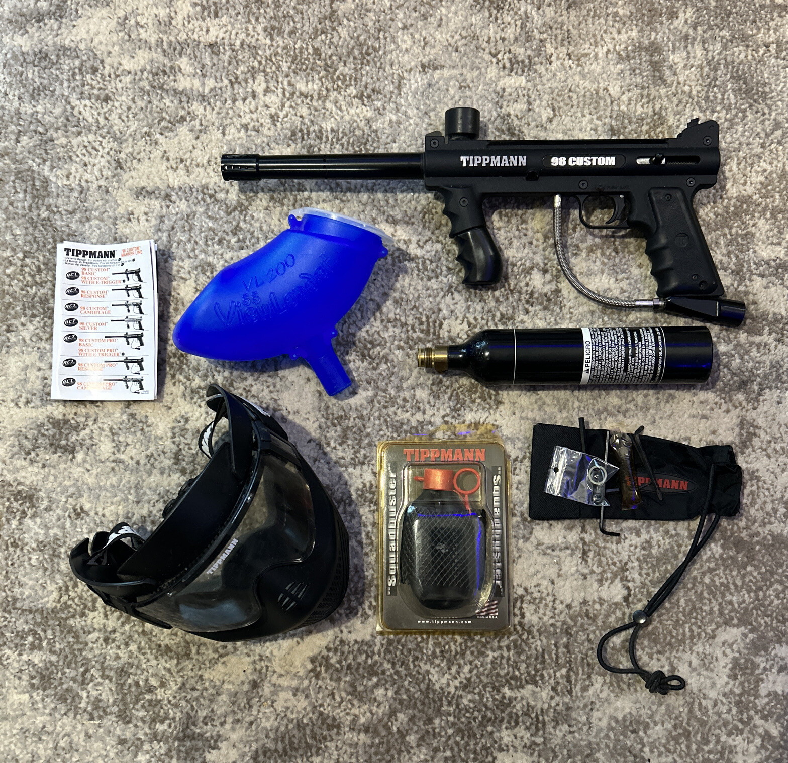 Tippmann Model 98 Paintball Gun With Hopper & Facemask & Squadbuster