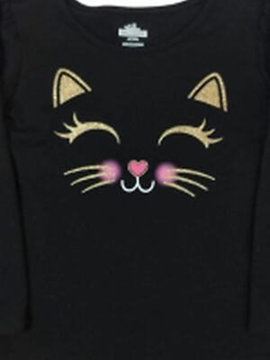 Toddler Girls Black Cat Glitter Face Long Sleeve Shirt Halloween T-shirt 2T