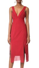 Three Floor~ Red Mesh Insets Double V-Neck Front Slits Sheath Dress 2 NEW $264