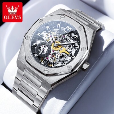 Automatic Mechanical Waterproof Watch Men Luxury OLEVS Skeleton Date Strap Mens