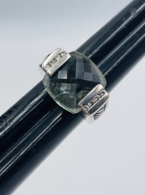 David Yurman Sterling Silver 15mm Green Prasiolite Diamond Ring Size 