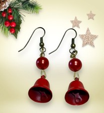 Red Jingle Bell And Bead Christmas Earrings With Gold Tone French Hooks Vintage