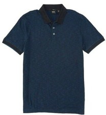 Hugo BOSS Short-Sleeve Collared Polo Tee Shirt Blue/Black Striped Cotton New