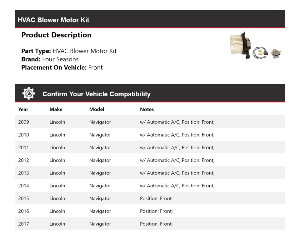 Kit de motor soplador delantero 4 estaciones 2010 2011 Lincoln Navigator 2009-2017 Foto 2 de 3
