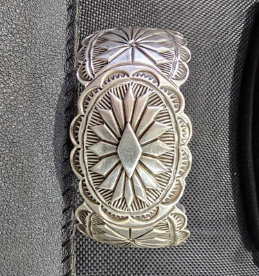 Tim Guerrero Signed Sterling Silver Stamped Cuff Bracelet Unisex Sizable. 47.2g