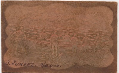 Fishermen at Sea Juarez Mexico Antique Leather Postcard Unposted