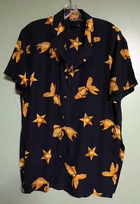 ESCADA VINTAGE SILK LONG BLOUSE IN BLACK GOLD FISH PRINT 38 RUNS L ITALY