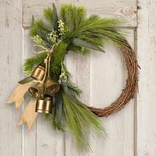 18 Inch Christmas Norfolk Pine Wreath with Vintage Bells Ribbon