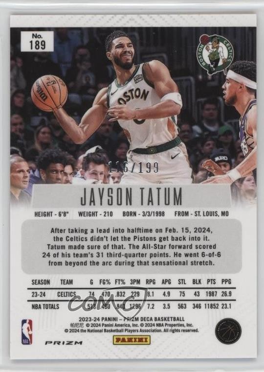 ジェイソン テイタム Panini Prizm 199枚限定 2年目 2023-24 Panini Prizm Deca Red Prizm /199 Jayson Tatum #189