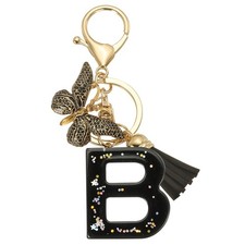 Initial Letter Keychain, Cute Butterfly Keychain with Tassel Letter B, Black