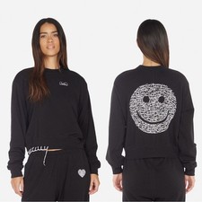 NWOT LAUREN MOSHI Sweatshirt XS Black Graphic White-Embroidery Happy-face Long-S