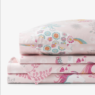 Fancy Unicorns Classic Cool Organic Cotton Percale Bed Sheet Set - Pink, Full