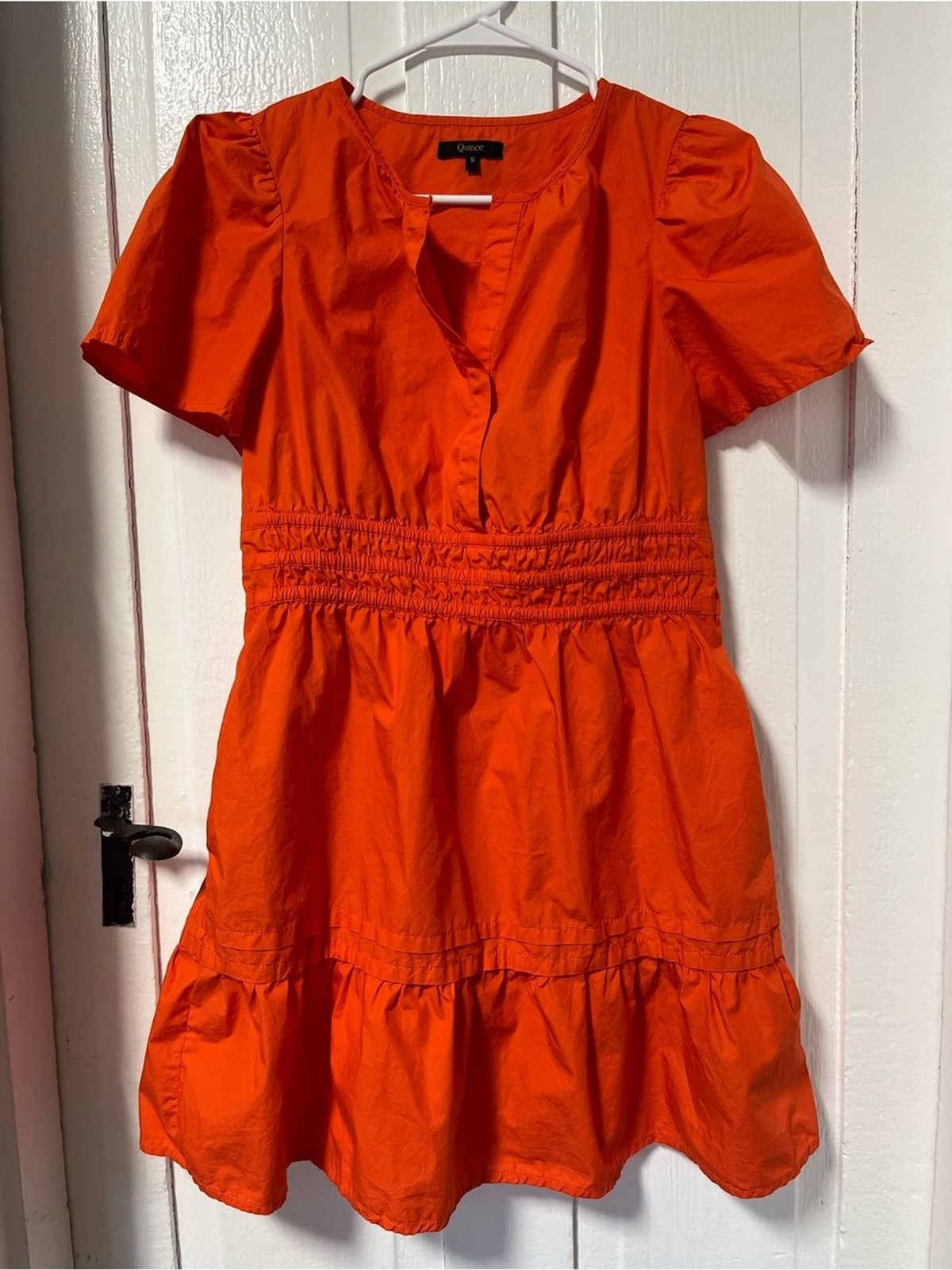 Quince 100% Organic Cotton Tiered Mini Dress Orange Vermillion Red size S