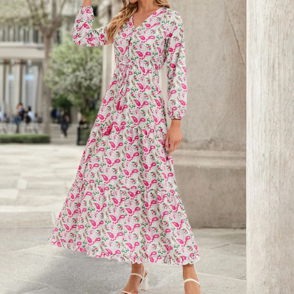 Damen Drucken Partykleid Maxikleid V-Neck Herbstkleid A-Linie Freizeitkleid .* - Bild 4 von 4