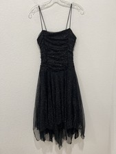 VTG Y2K Ynes Evening Prom Party Tulle Midi Dress Sz L Black Silver Sparkle Fairy
