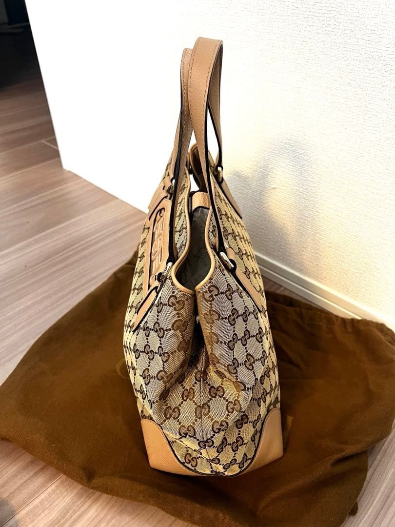 GUCCI GG Canvas Horsebit Tote Bag Beige Leather Trim Excellent Condition thumbnail 3