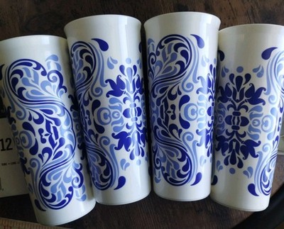 Tupperware Set of 4 Straight Sided Tumblers 16oz   Blue Filagree No Lids GPC