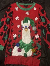 33 Degrees Womens Medium Red Fuzzy llama Christmas Pom Funny Long Sweater