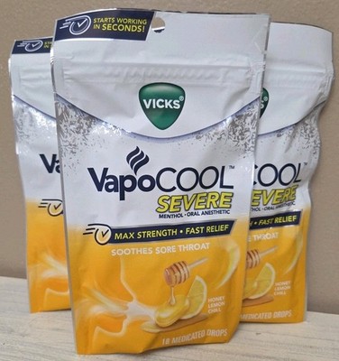 3 Bags! Vicks VAPOCOOL Severe Medicated Drops Honey Lemon 18ct - Exp May 2028
