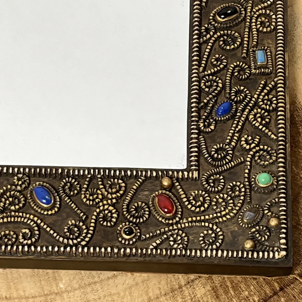 Ornate Jeweled Multicolor Glass Stone Framed Mirror With Filigree Scrollwork 6” - Image 4 of 4