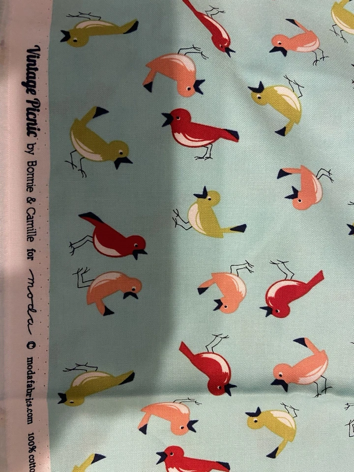 Vintage Picnic By Bonnie And Camille For Moda. 1 Yard 11 Inches Of Birds On Teal - Image 2 of 2