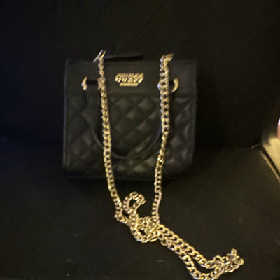 GUESS Black Quilted Small Satchel Top Handle Zip Bag w Chain & Crossbody Strap