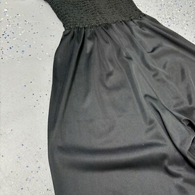 Vintage 80s Black Nylon Strapless Harem Jumpsuit Smocked Bodice Lace Trim Small