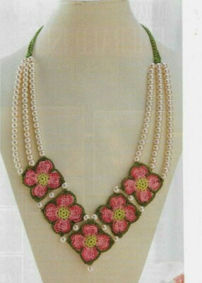 PINK DOGWOOD NECKLACE WITH PEARLS JEWELRY CROCHET PATTERN INSTRUCTIONS