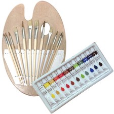 12 ACRYLIC COLOR Painting Paint Set  12 Brush Set with Wood Palette Artist SET