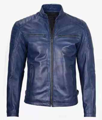 Blue Jacket Handmade Leather Men's Stylish Genuine Lambskin Biker Motorcycle Fit