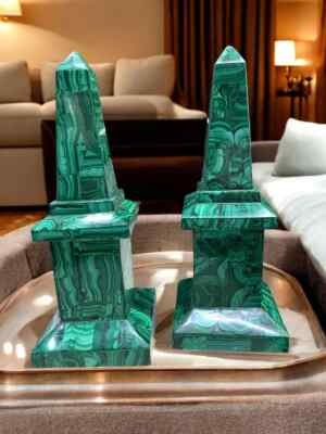 Natural Malachite Obelisk Pair Handmade Stone Tower Pair Unique Gemstone Decor
